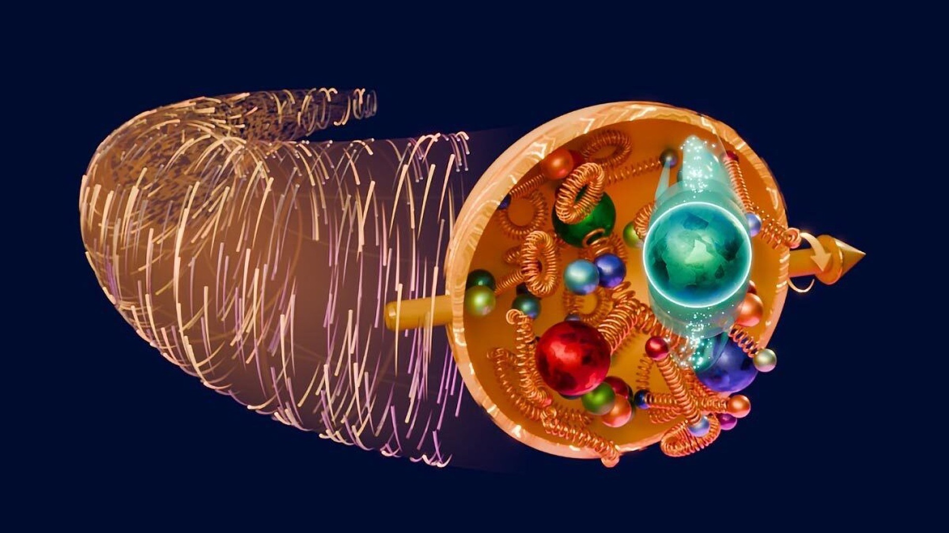 Graphic showing the transverse motion of a quark (green sphere) inside a proton whose spin is aligned to its direction of motion (large yellow arrow).