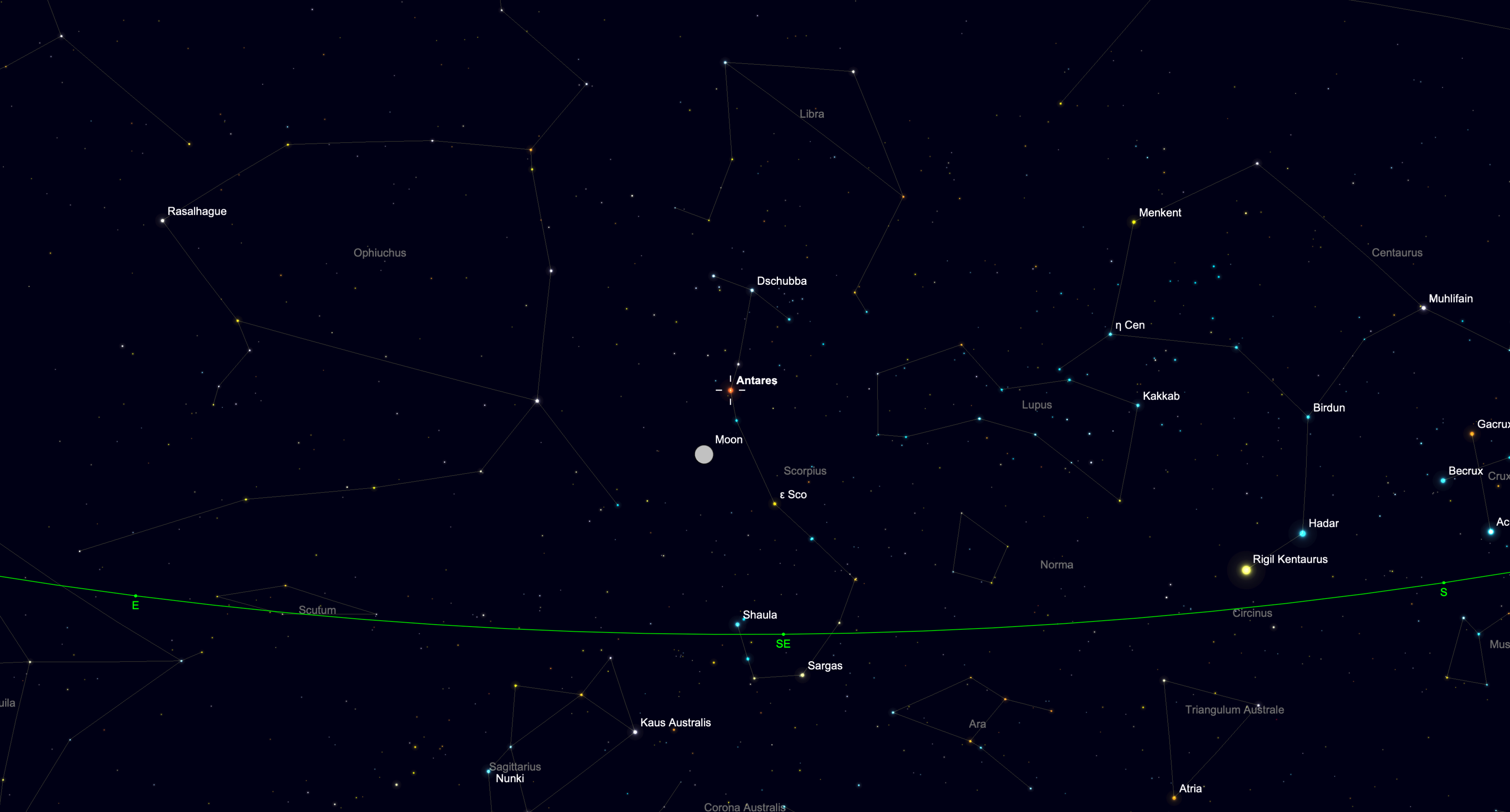 Sky chart showing the moon near Antares in the constellation Scorpius.