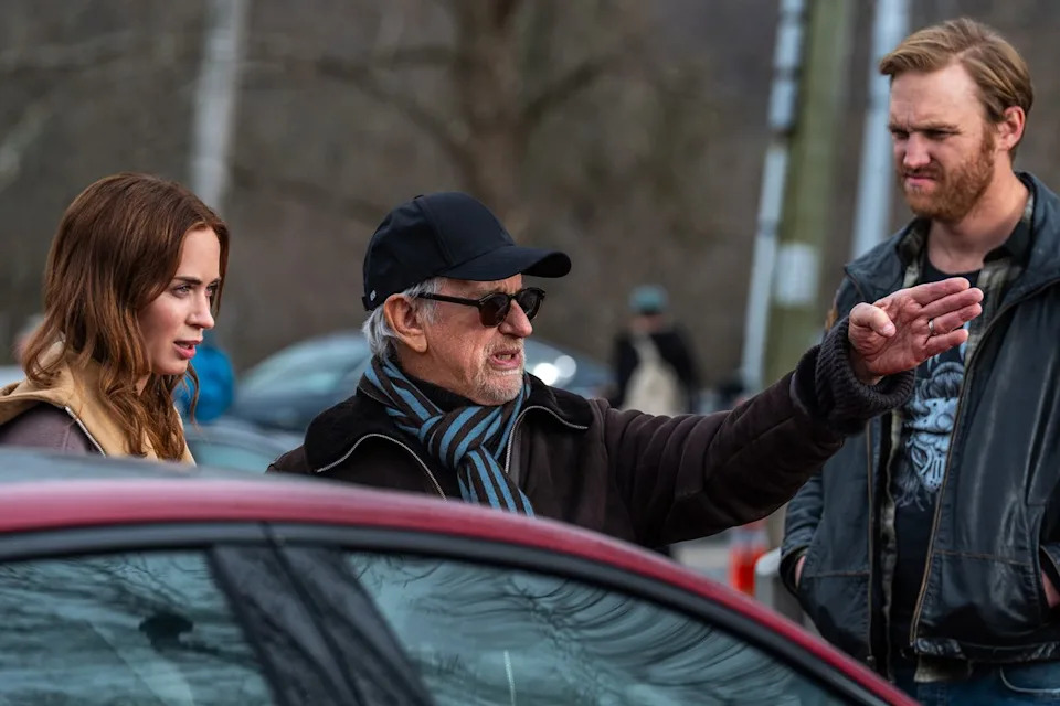 Emily Blunt, Steven Spielberg, and Wyatt Russell on the set of 'Disclosure Day'Credit: Niko Tavernise/Universal Pictures and Amblin Entertainment