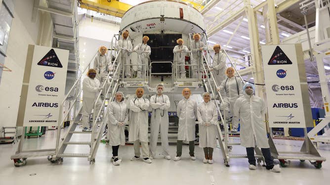 NASA and its partners work on the solar array wings for the agency’s Artemis III Orion spacecraft on Thursday, April 30, 2026, inside the Neil A. Armstrong Operations and Checkout Building at NASA’s Kennedy Space Center in Florida.