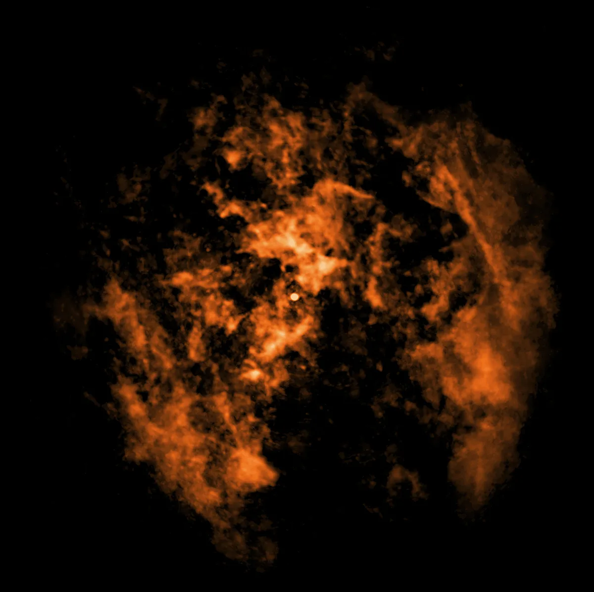 A composite image showing evidence for a wind blowing away from Sagittarius A* the supermassive black hole at the centre of our galaxy, in ALMA radio data. Radio: ESO/NAOJ/NRAO/ALMA; Image processing: NASA/CXC/SAO/K. Arcand and P. Edmonds