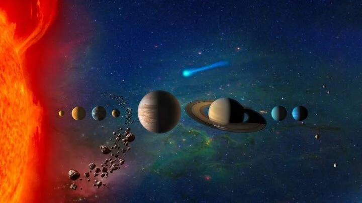 An illustration of our solar system. The asteroid belt is located between Mars and Jupiter, separating our system into what we refer to as the inner and outer regions.