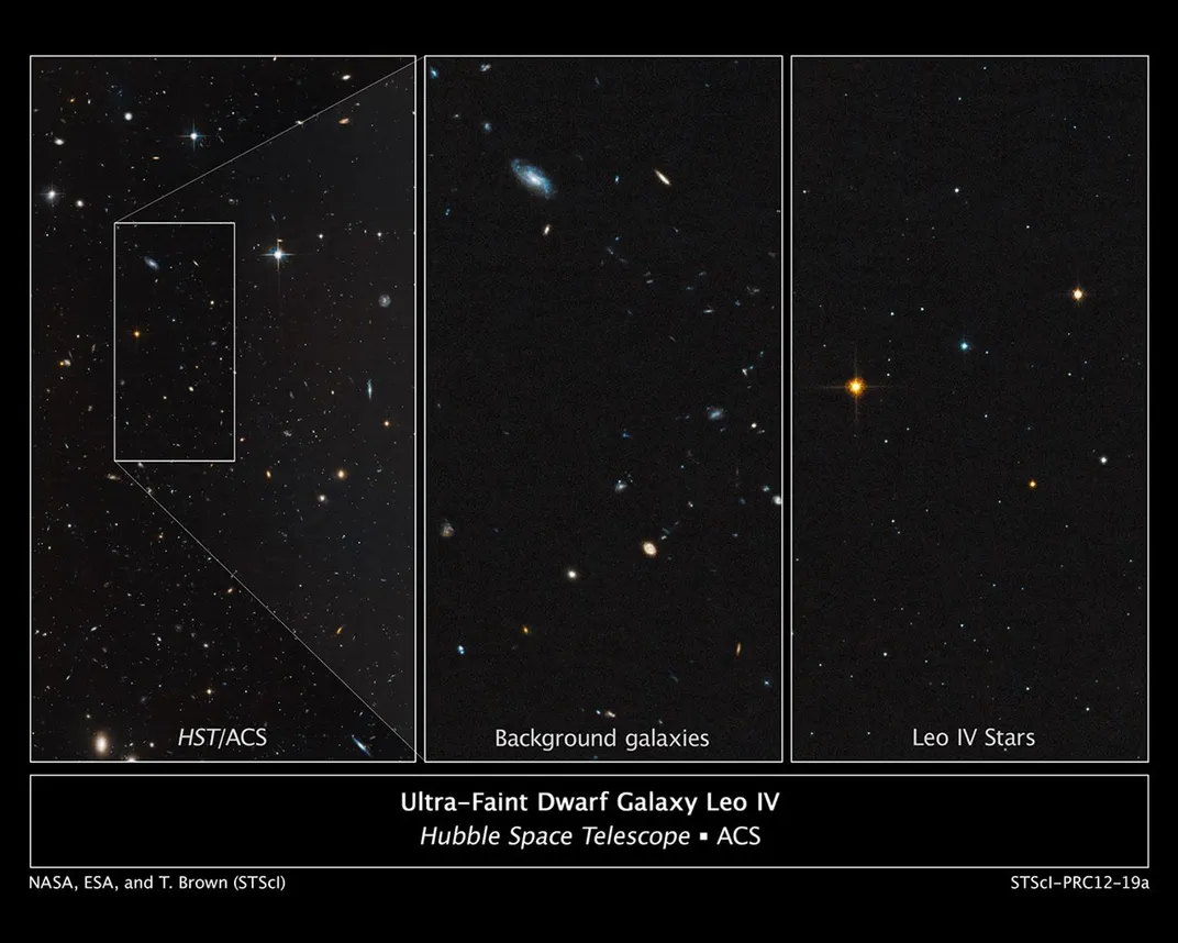 three views, one showing several stars and galaxies, another showing the background galaxies, and a third showing sparse stars of the galaxy Leo IV