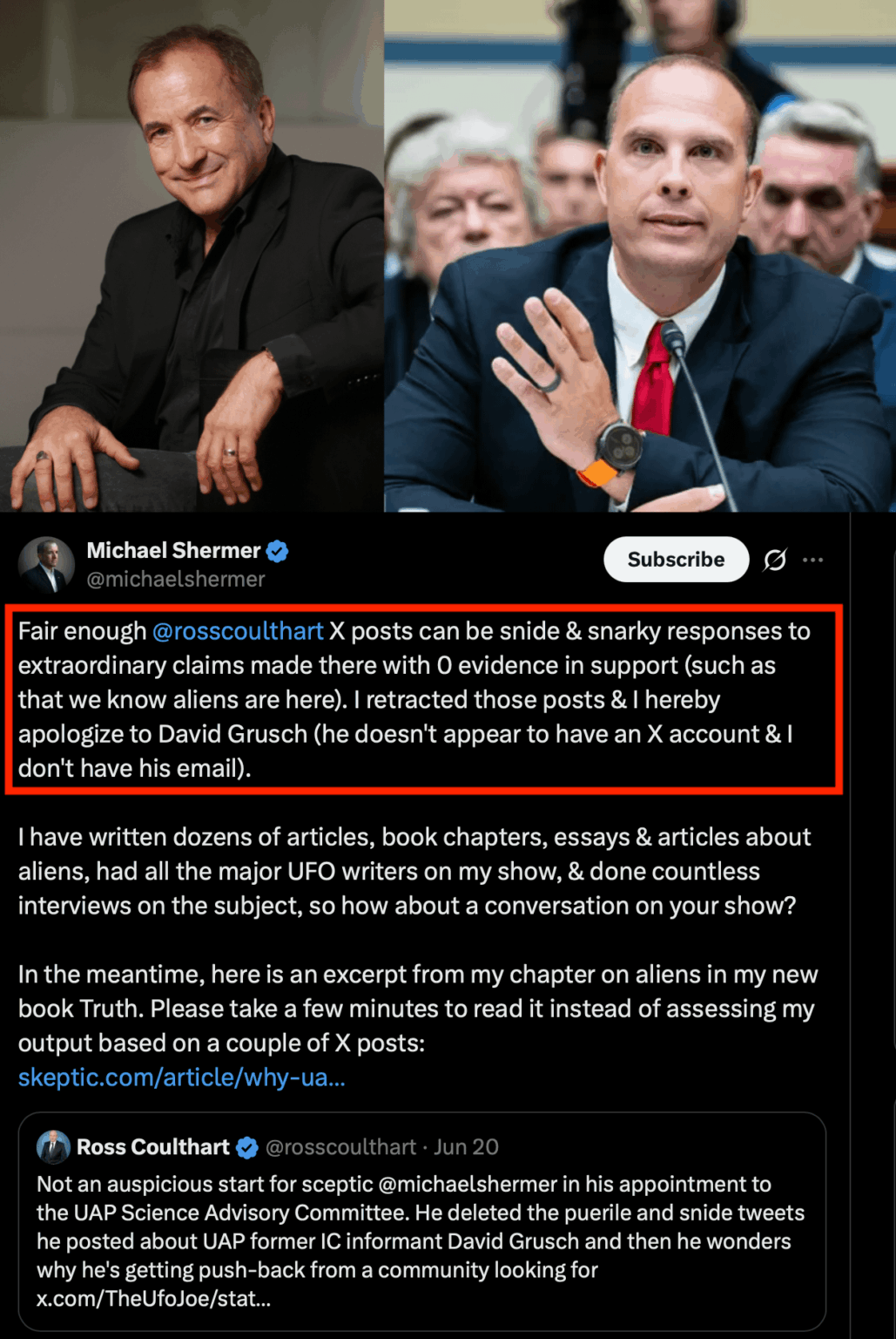 Skeptic Michael Shermer apologizes to whistleblower Dave Grusch for past snarky dismissive comments on twitter