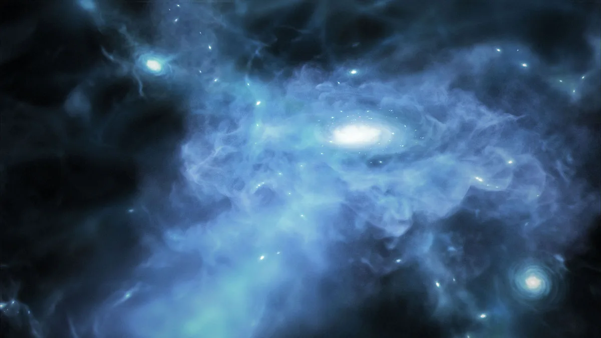 Artist's impression of a galaxy forming a few hundred million years after the Big Bang, during the Era of Reionisation. Credit: NASA, ESA, CSA, Joseph Olmsted (STScI)