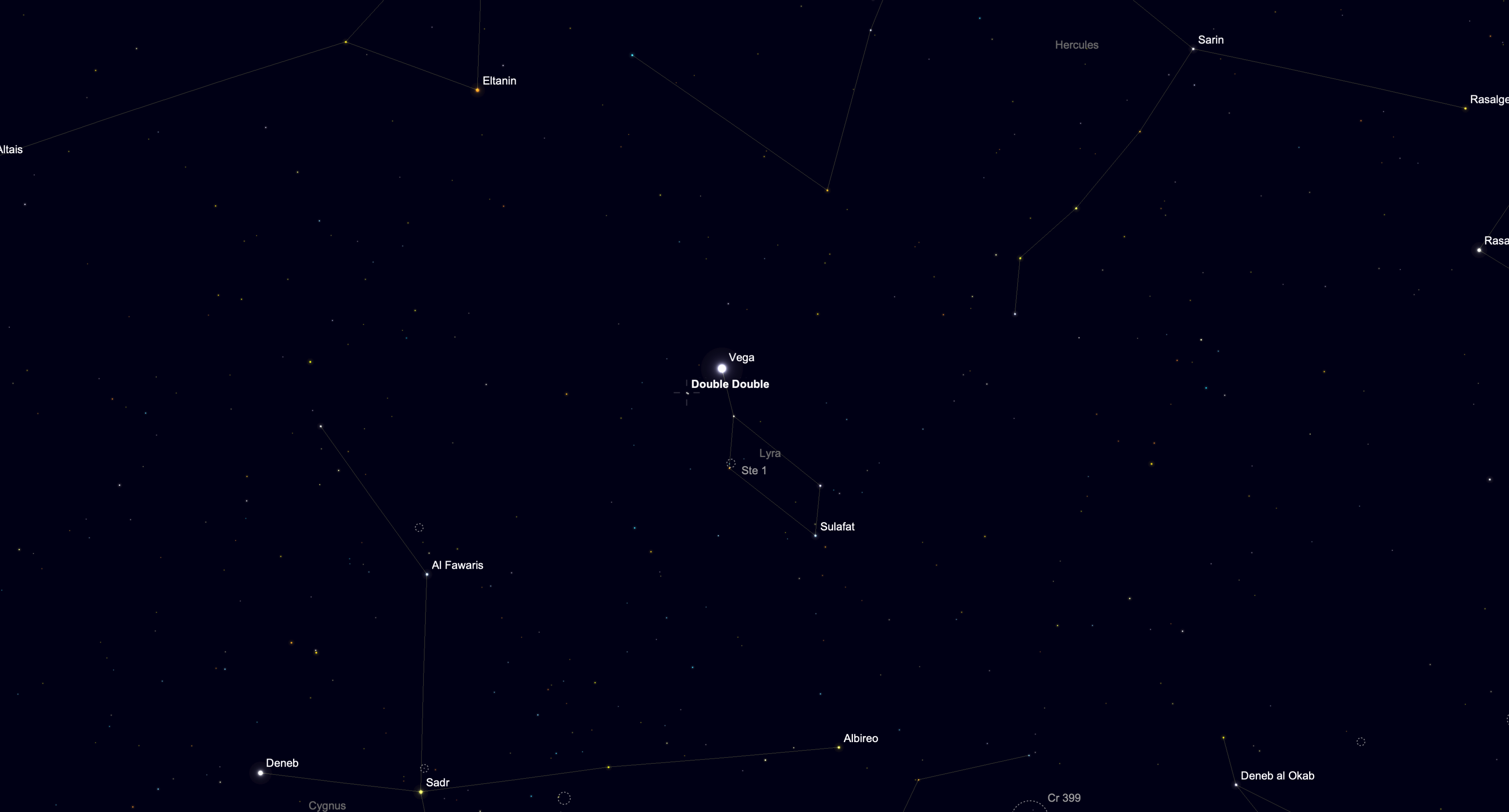 Star chart showing the Double Double star system near Vega in the constellation Lyra.