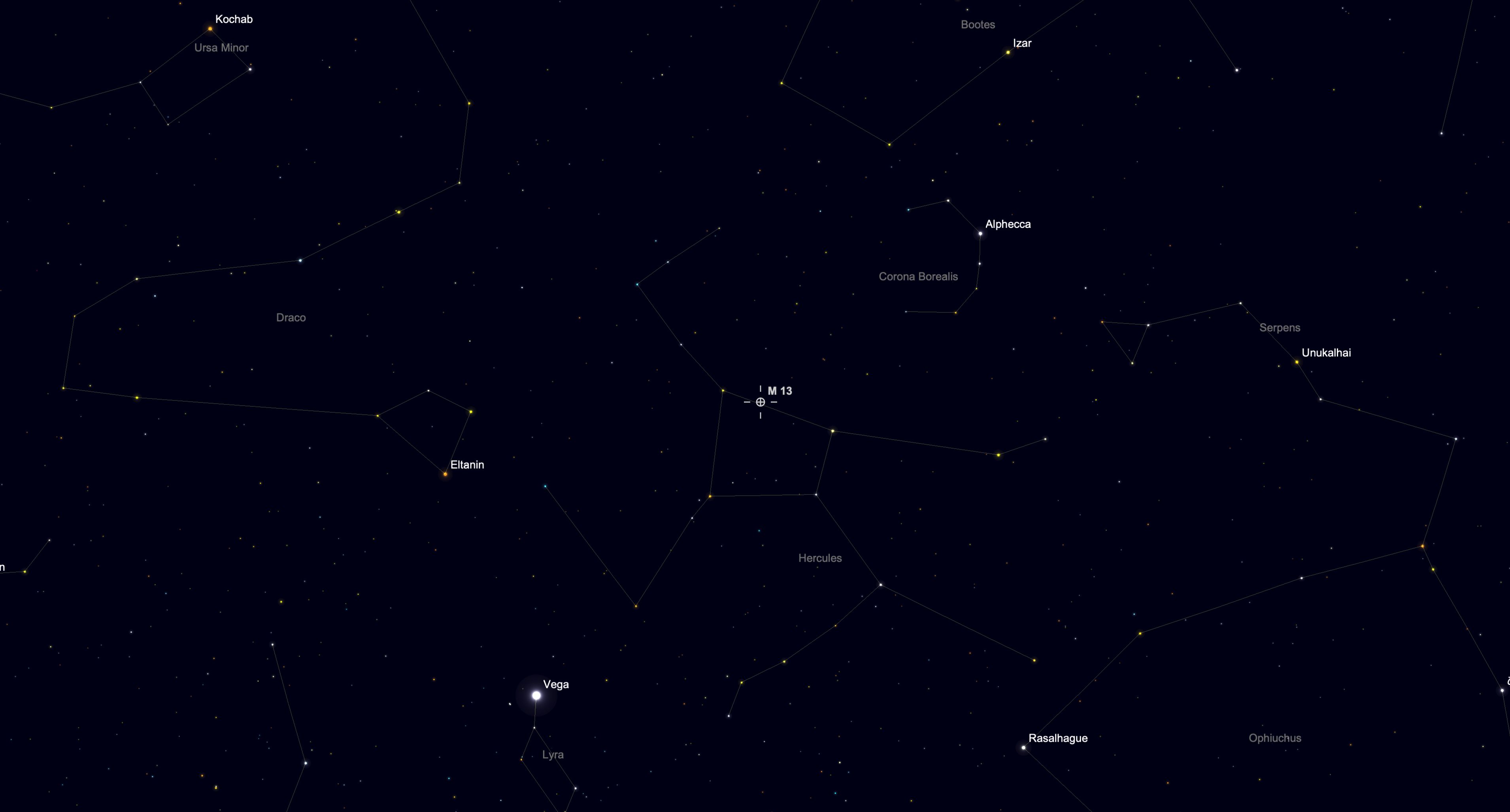 Sky chart locating globular cluster M13 within the constellation Hercules.