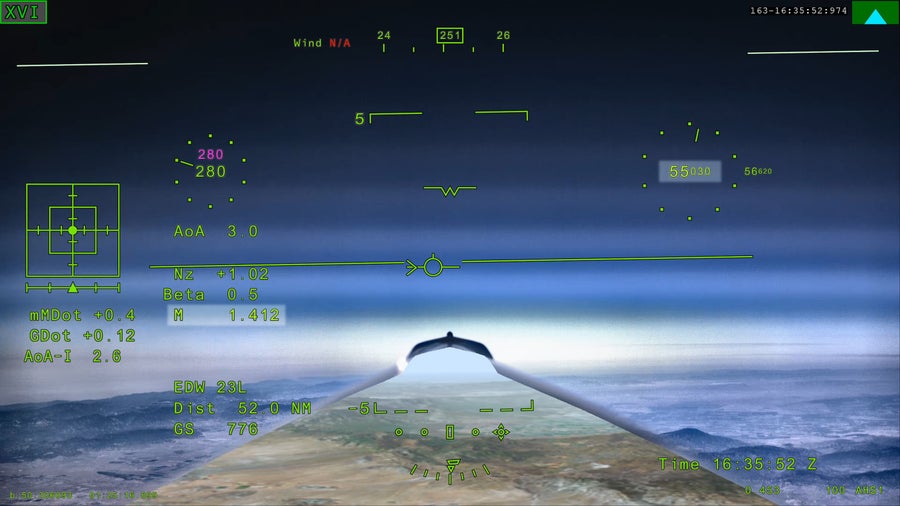 A cockpit readout shows numbers and symbols overlaid over a view of the horizon.