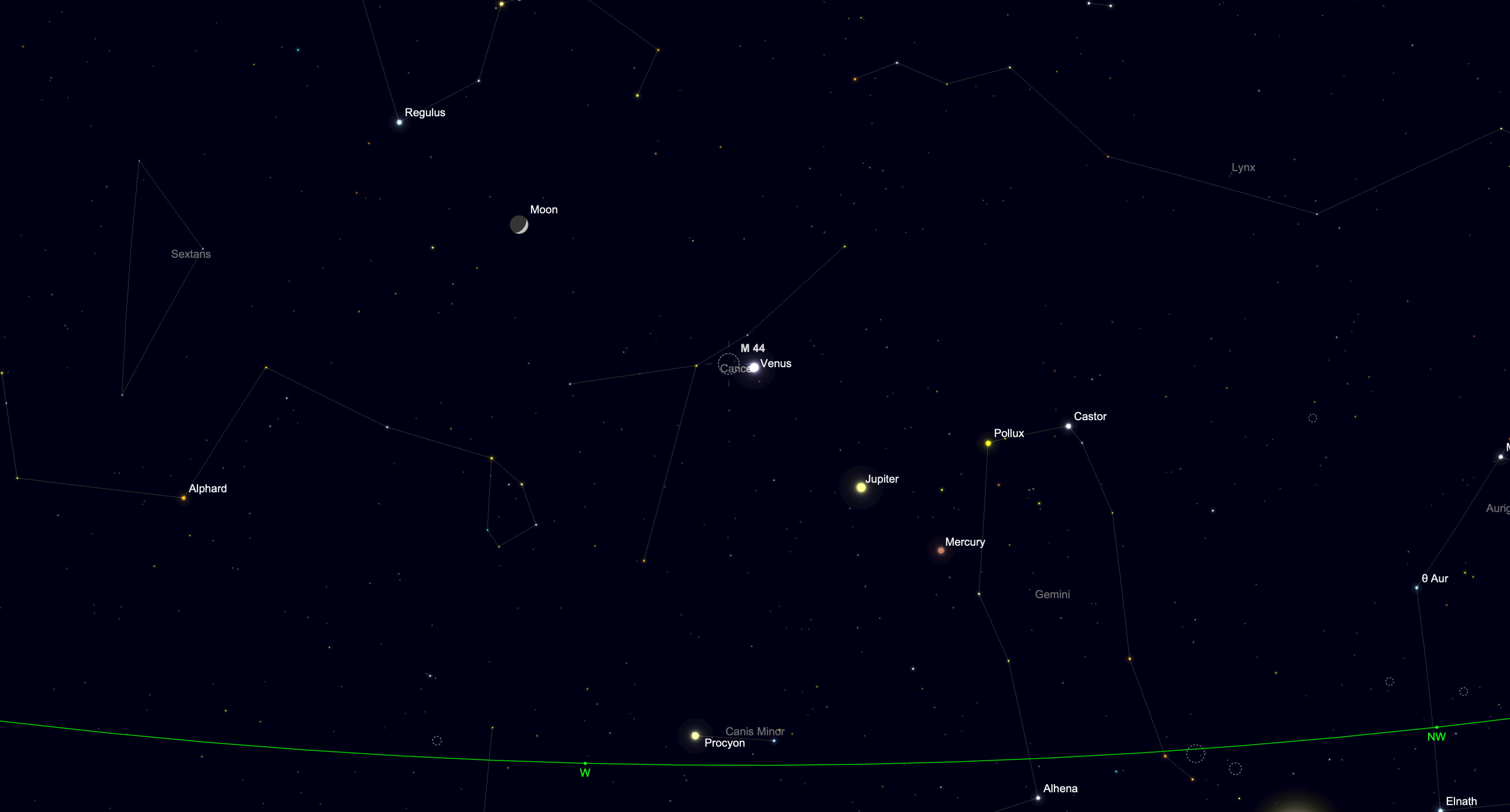 Star chart showing Venus near the Beehive Cluster in the constellation Cancer.